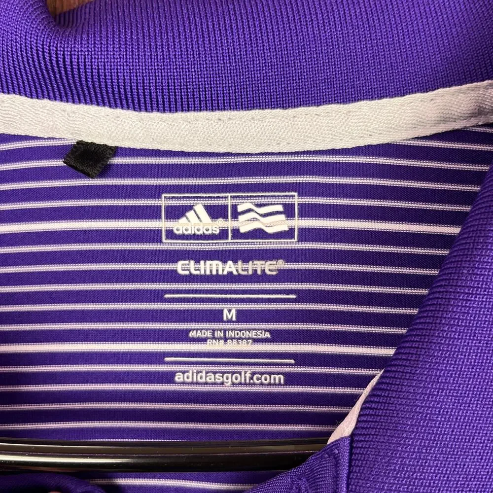 Adidas ClimaLite Mens Polo Purple White Stripe Short Sleeve Polyester Medium